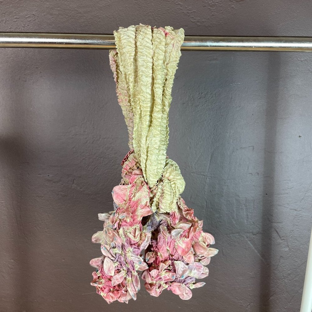 Hand Painted Silk Neck Scarf in light green and pink hues.